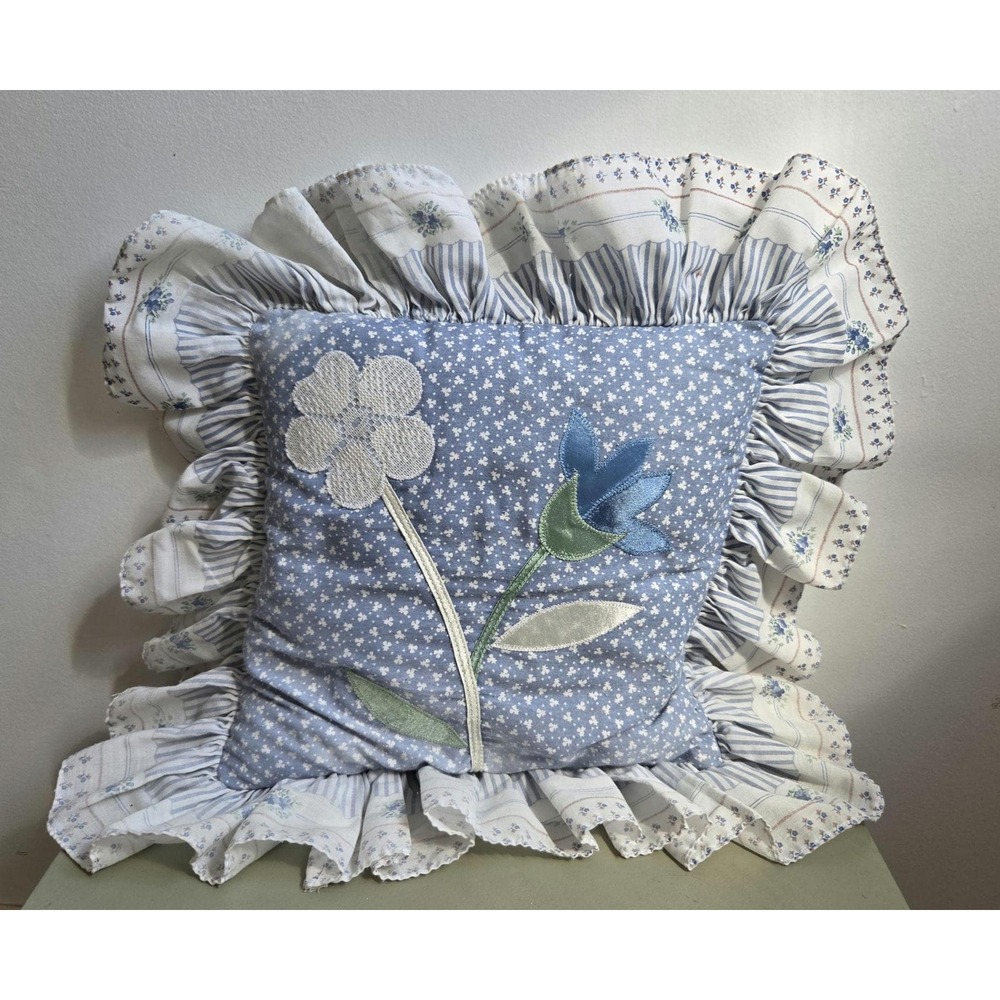 Vintage Blue Floral Ruffled Pillow Applique Cottagecore Country Decor